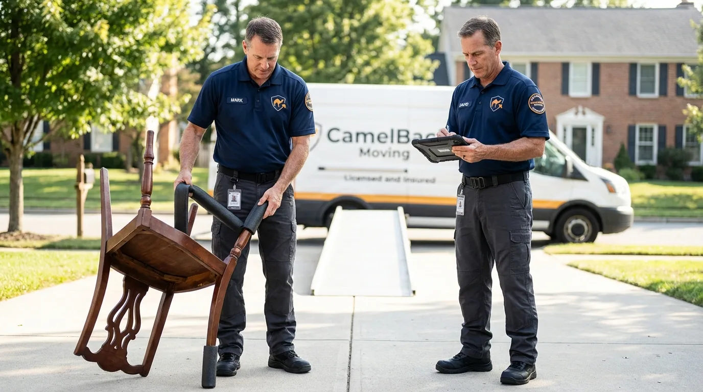 Movers inspecting furniture for damage prevention before loading in West Monroe, LA