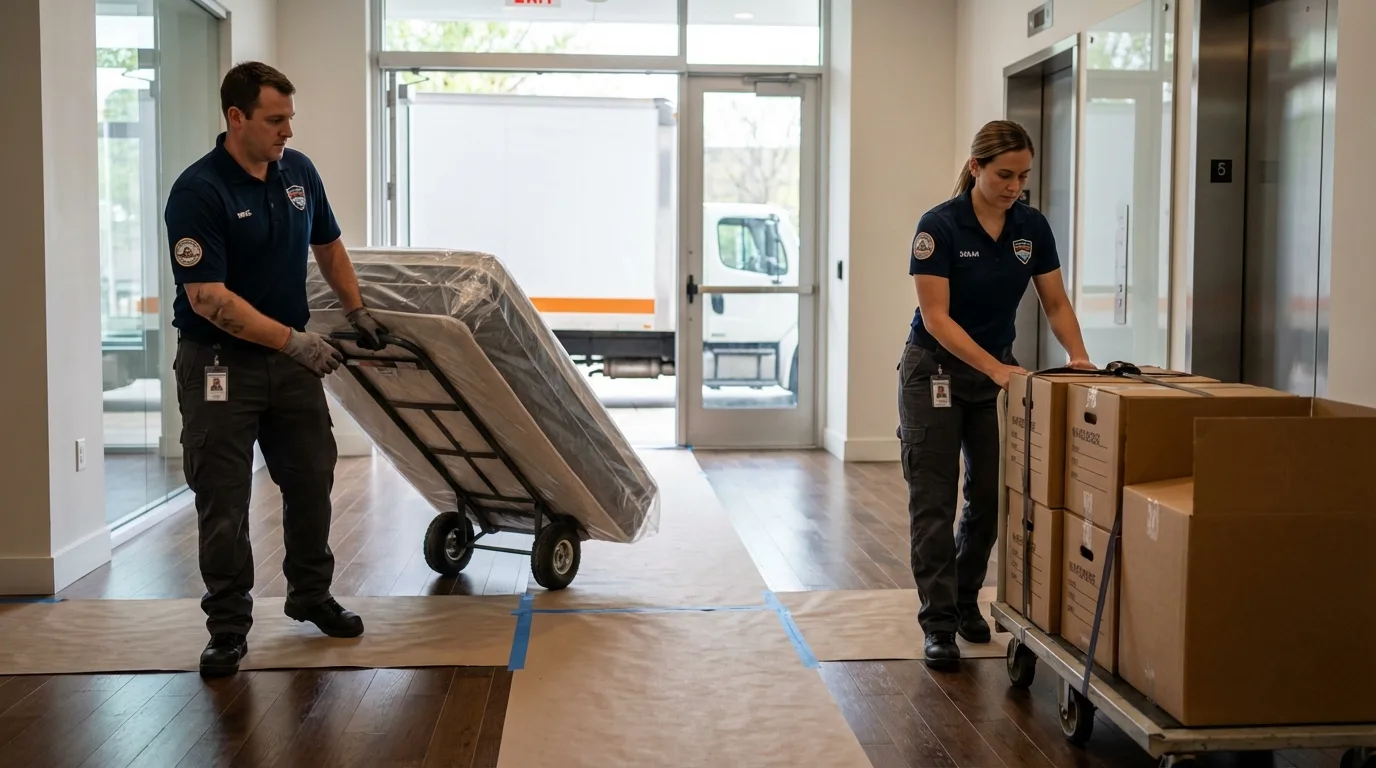 Professional apartment movers loading elevator in West Monroe, LA