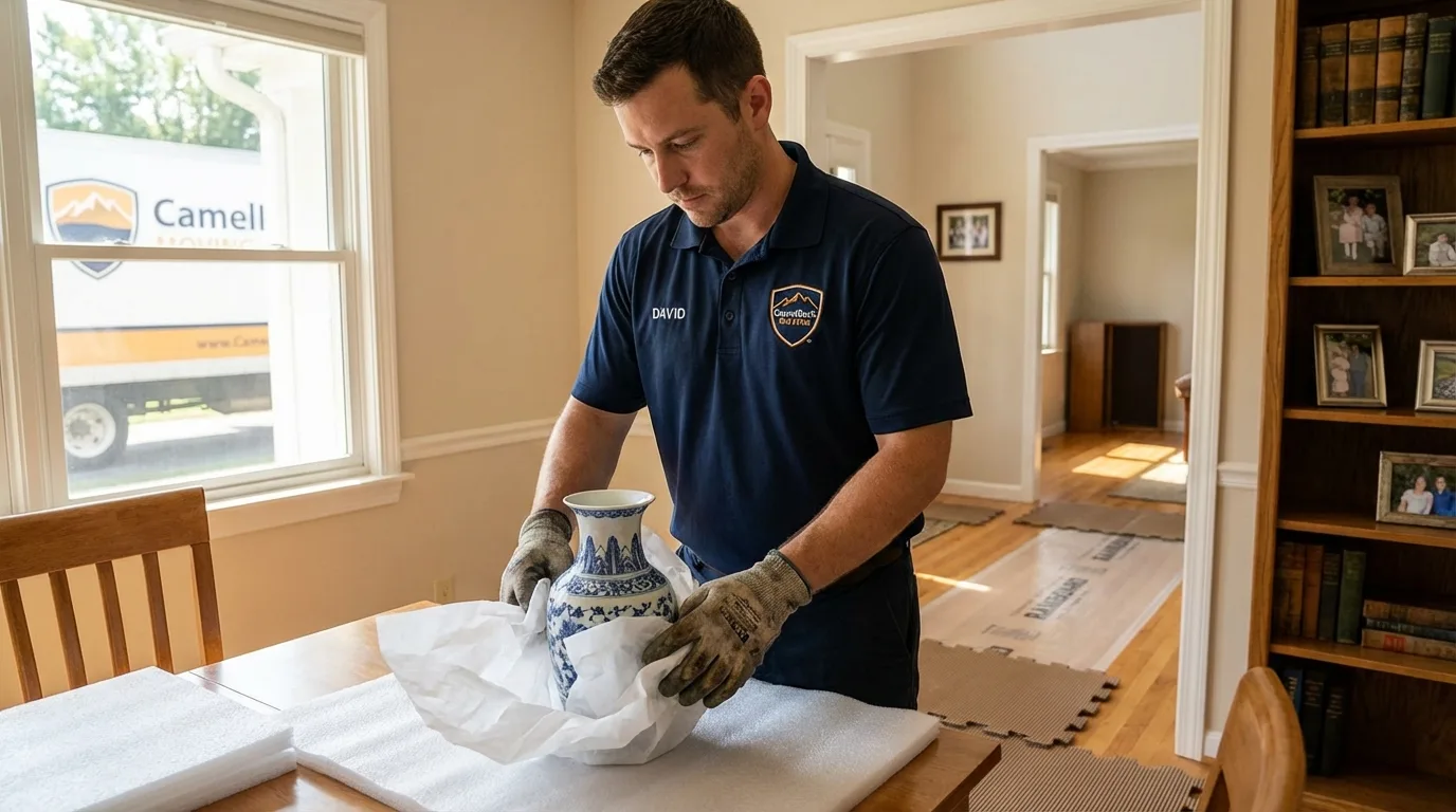 Professional crew carefully wrapping antique vase for senior downsizing move in West Monroe, LA